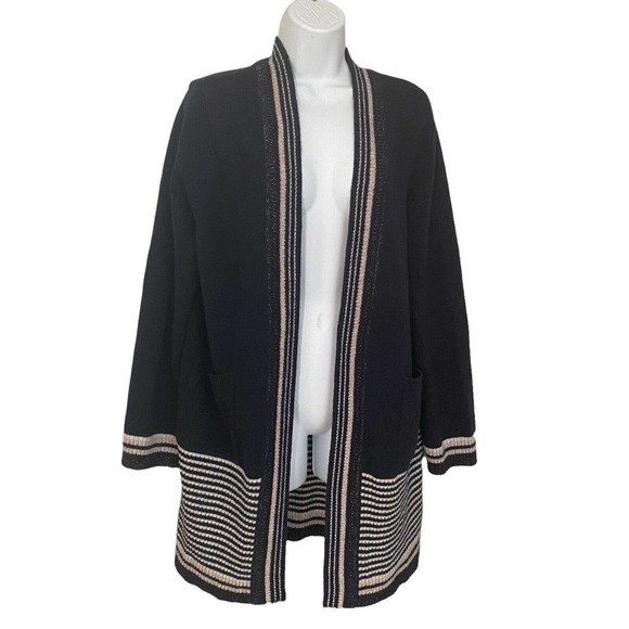 SUNCOO PARIS WOOL OPEN FRONT SWEATER Cardigan Navy Metallic Striped Medium - Picture 3 of 12